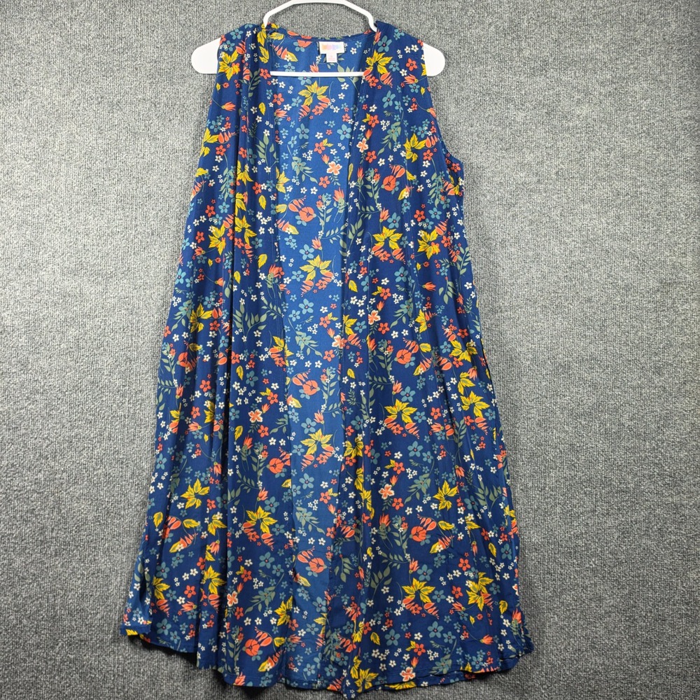 LuLaRoe Joy Duster Vest Womens Small Blue Floral Open‎ Front Shirley Kimono Wrap